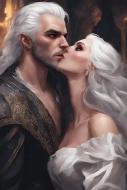 Strahd Von Zarovich being kissed by a beautiful woman with white hair, wearing an off the shoulder dress. Settling and background are a lavish toomb with an ebony coffin.