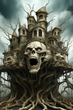 surrealis monochrome A fragmented, surreal sculpture liguid color of photorealistic image 3d,psychedelic art of an castle glossy emerging from dreamlike a crumbling building. The face appears pale with deep cracks and intricate details, evoking a haunting expression. Blackened tree branches intertwine with the gold mengkilat cracks, set against a backdrop of stormy, cloud-filled skies. bauhaus art The overall tone is dark and moody, suggesting themes of decay and transformation.