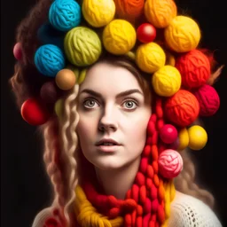 Young woman with balls of wool in her hair