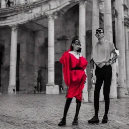 photo of a couple wearing high fashion clothes, balenciaga, Photorealistic photography, colorful, high contrast, rome, street, fashion photography, high resolution, 8k, moody, hard light, gen z, wide angle lens