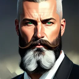 "MIddle aged white human male, with a trimmed but uneven beard, piercing green eyes with slick back hair, head and shoulders portrait, 8k resolution concept art portrait by Greg Rutkowski, Artgerm, WLOP, Alphonse Mucha dynamic lighting hyperdetailed intricately detailed Splash art trending on Artstation triadic colors Unreal Engine 5 volumetric lighting Splash art fantasy"