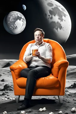 simple scene, Elon musk sitting on the moon on an orange couch, beer in hand ,eating popcorn, looking unamused at planet earth,. selective colours