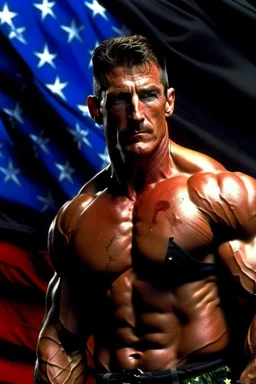 extremely muscular, short, curly, buzz-cut, military-style haircut, pitch black hair, with mustache and pointed goatee, Paul Stanley/Elvis Presley/Pierce Brosnan/Jon Bernthal/Sean Bean/Dolph Lundgren/Keanu Reeves/Patrick Swayze/ hybrid, as the extremely muscular Superhero "SUPERSONIC" in an original patriotic red, white and blue, "Supersonic" Super suit with with an America Flag Cape,