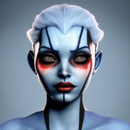 blue asari from mass effect , asari portrait, portrair, asari head, asari face, big eyes, smile, black lipstick and black eyliner and tatoo, mass effect, happy, 8k resolution, high-quality, fine-detail, fantasy, incredibly detailed, ultra high resolution, 8k, complex 3d render, cinema 4d