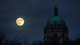 A large, ornate green-domed building with intricate architectural details, surrounded by a dark, moody sky with a full moon and bare trees in the foreground