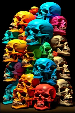 a stack of 1000 anatomically correct cartoonish skulls, vivid colors, dark comedy, well lit, high detail, photorealistic