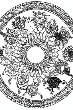 coloring page for kids, A cute, mesmerizing mandala of interconnected animal silhouettes, thick outline, low details, no shading, no color