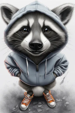 A cheeky raccoon, streetwear, hoody, sneakers,attitude,white background, 2d animation Drawing