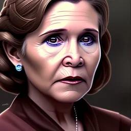 upper body photorealistic jedi carrie fisher in Star Wars, sharp brown eyes, photorealistic skin, dark brown jedi robe, cinematic lighting