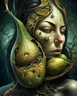 Grunge, woman as a decaying dried out Pear intricately showing its internal structure and seeds, cyberpunk, ultra unique natural textures, slight imperfections, vray.