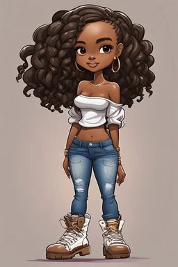 Create a abstract art style of a cartoon of a curvy African American chibi female wearing tight jeans and a off the shoulder blouse. She is also wearing timberland boots.. Highly detailed very long extremely braids of hair. Her skin is smooth and silky. Background of a track of ATV riders. No coloring, no shading, no grayscale,