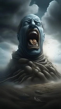 A big statue of a head in the sand holding the scale of justice , huge mouth open and out of it a lot of spidrs,surrealism of the dark of a nightmare ten miles high and six foot deep, hyper photorealistic, hyper detailed dark art color, high resolution, fog, octane render, tilt shift, HDRI Environment, all pictures dark gray