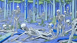 A pale periwinkle graveyard with telekinetic skeletons painted by Roy Lichtenstein