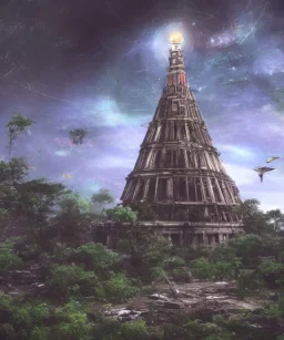 Seraphic angelic holy tower pagoda mothership starship photorealistic colorful rainbow sky massive tree canopy light beams birds flying futuristic rusty destroyed mechanical astral one ghosts poltergeist haunt mechwarrior transformer ninja samurai sword gundam alien abandoned wreckage in old battlefield blast crater on the lunar surface ancient pyramid temple urban ruins trees plants vines ferns palms