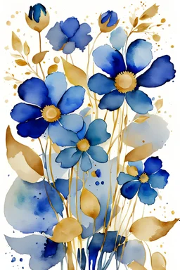 watercolor abstract big BLUE flowers with golden outlines on white background