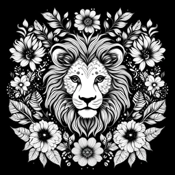 colorless cute lion between seeds and big flowers black background .black and white colors. for a coloring.