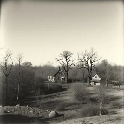 A landscape, odd black and white old photo, dystopic atmosphere, trees, some odd houses, George Grosz