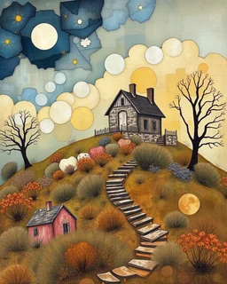 A house on the Hill. Life and times, patchwork art by Jamie Heiden, Peter Doig, Renoir, Pol Ledent, Endre Penovac Modifiers: portrait acrylic art surreal Arthur Rackham Optical illusion Debehsque