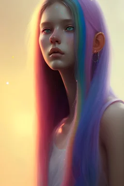 girl, cute, beautiful, long hair, rainbow hair, rainbow dress, close up portrait by Greg Rutkowski