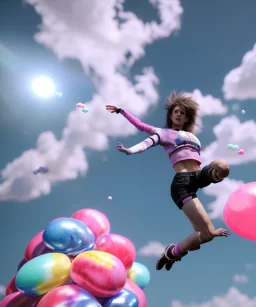 Ultra realistic clouds sky scene, wide angle, sweet childs falling down, inflatable color clothing, free jumping flying, many trinkets, monster hair, hair monster, many jelly beans, balls, smile, happy, circus style, extreme, wind, clouds sea, 20,000 feet altitude, stratosphere, soft color, highly detailed, unreal engine 5, ray tracing, RTX, lumen lighting, ultra detail, volumetric lighting, 3d, finely drawn, high definition, high resolution.