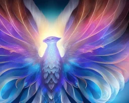 a detailed illustration of a phoenix with shiny blue wings and long glowing sparkly body, luminescent body, glinting spread wings, realistic, soft and smooth glowing wings, soft feathers, macro lens, sharp focus, meticulously detailed, soft studio lighting, smooth blurred gradient background, twinkly eye