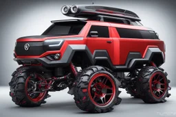 a super futuristic car, for all terrain, pickup fashion, black and red colors, big wheels, inspired on volks waguen combi, stay on street full of zombies