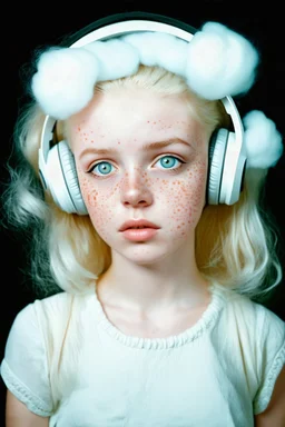 Young Madonna with white cotton candy hair , rosy cheeks, big blue eyes shinning, freckles, listening to music, autochrome,