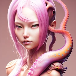 slime,slobbe, Asian woman, leaning pose, octopus, pink short hair, latex suit, full body, squid, intricate detail , portrait, high lighting, Gradient background, style <Yoji Shinkawa>,