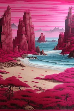 A magenta beach near cliffs designed in medieval tapestry painted by Qiu Ying