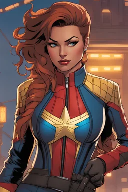Punk Rock Style Kamila Khan from Marvel, with brown hair and brown eyes, wearing a leather jacket with the blue, red, and yellow colors of Carol Danvers Captain Marvel costume, with a punk rock fashion style outfit, in the art style of Spider-Man: Across The Spider-Verse