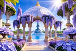 beautiful luminous crystal temple greenhouse, a lot of flowers, magic fountain, waterfalls around, old trees, luxurious gigantic multiple palace city of the god, 8k, hyper-realistic, super detailed, cinematic wisteria blooming trees in the background, jacaranda trees, geodesic architecture, charming and fairy garden, wooden bridge, sun, blue or parma light beams, sun, high definition