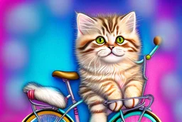 Fluffy tabby cat, adorable kitten, miniature bicycle, whimsical scene, playful concept, vibrant colors, detailed fur texture, charming expression, dynamic composition, cartoonish style, digital art, creative and imaginative, bright and lively palette, joyful atmosphere, skillful rendering, high resolution, skillful lighting to enhance cuteness.