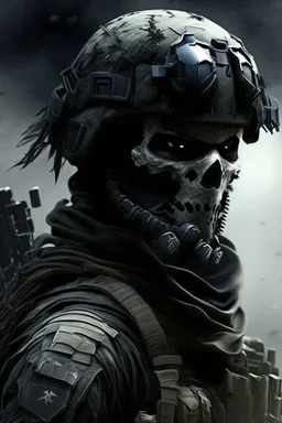 A soldier in the game modern warfare, he wears a BLACK skull helmet that covers his face, he is a rifleman, and his callsign is Titan.