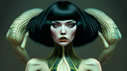 pale alien woman wearing exotic clothing. Black hair bob