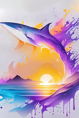 2:3 Full size, watercolor on transparent background paper, chromatic, zoom, sharp, splash of colors on a white background, a detailed golden purple sunset fire style, shark, Miami Beach with light blue water, Mountains, graffiti elements, powerful zen composition, dripping technique, & the artist has used bright, clean elegant, with blunt brown, 4k, detailed –n 9, ink flourishes, liquid fire, clean white background, zoom in, close-up,