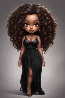 create a digital airbrush image of a chibi curvy black female wearing a black maxi dress and black sandals. Prominent make up with brown eyes. Highly detailed wild tight curly hair.