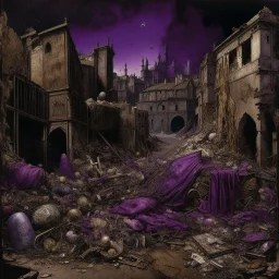 A dark purple district covered in trash painted by Leonardo da Vinci