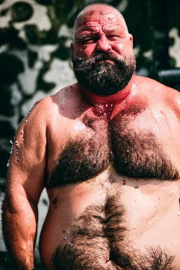 close up photography, dirty burly russian ugly strong chubby 56 years old man, bullneck, milk falling from above, splashing and dripping milk in the face, milk dripping on the beard, with dirty tank top, tattoo, serious eyes, manly chest, 35mm lens, natural light