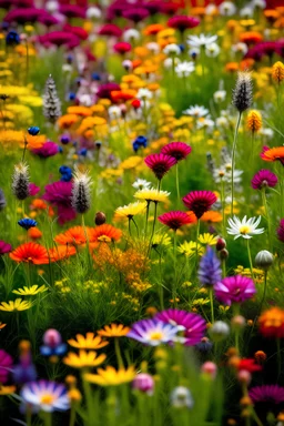 A close-up photograph of a vibrant field of wildflowers, displaying the array of colors and textures found in nature.