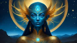The goddess appears on a starry night. Her eyes glow with an unearthly hue, and her antennae move delicately in the void of space. The body, shrouded in a golden aura, glows, reflects the light of the surrounding stars. Blue, Despite her alien appearance, her beauty is almost otherworldly, conveying a sense of calm and mystery.