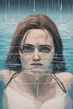 Artwork of t-shirt, Wide angle, half of face on water surface of a woman eyes are full of tears in swimming pool. Broken heart, sadness, down deep