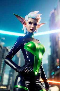Futuristic anime elf, waist up portrait, physically fit, latex and leather attire, blue eyes, green and yellow hair, one pair of ears, intricate eyeliner, vibrant eyeshadow, clear completion, soft lighting, 4k resolution, intricate details, insanely detailed, colorful cityscape background, masterpiece, expert, cinematic smooth, retroanime style, realistic details, no helmet