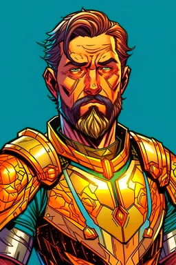 A man about 50 years old, tall, athletic physique, several scars. He has brown hair and a short, well-groomed beard. He looks regal and authoritarian. He wears heavy steel armor with gold trim. In the image you must see at least half a bust. It must be comic-book style.