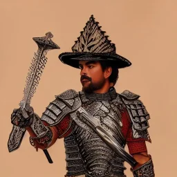 Full body portrait,"Insanely detailed photograph of an armored mariachi warrior with sword", intricate chainmail charo,detailed Sombrero, intricate D20 buttons, digital painting, artstation, concept art, smooth, sharp focus, illustration, art by artgerm and greg rutkowski and alphonse mucha, 8 k