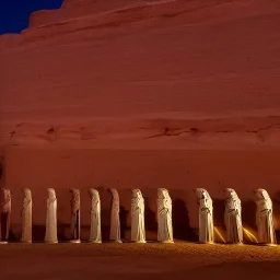 Many simulsats standing in line in front of an ancient statue in Sahara at night by Chris moss