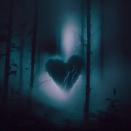 black fog in the forest at night with an electric heart