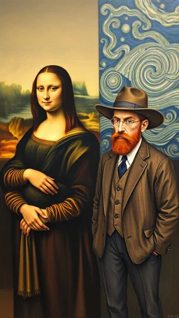 Mona Lisa and Vincent van Gogh standing side by side in a painting
