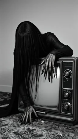 Black and white classic movie the well . A scary women wearing all black and long hair covering her face crawling out of an old tv devise both her hands on are touching the ground out side the tv but her half of her buddy is inside the tv is like getting out of tv crawling out of the tv , scary scene