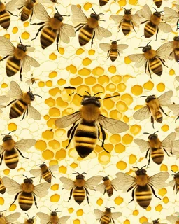 bees flutter over the hive, behind there is a honey yellow background and honeycombs