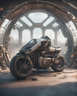 Futuristic bike car scifi sitting inside covered with front gull door body made with engine parts and wires dysoptia cyberage HAWKEN postapocalyptic dysoptia scene photorealistic uhd 8k VRAY highly detailed HDR